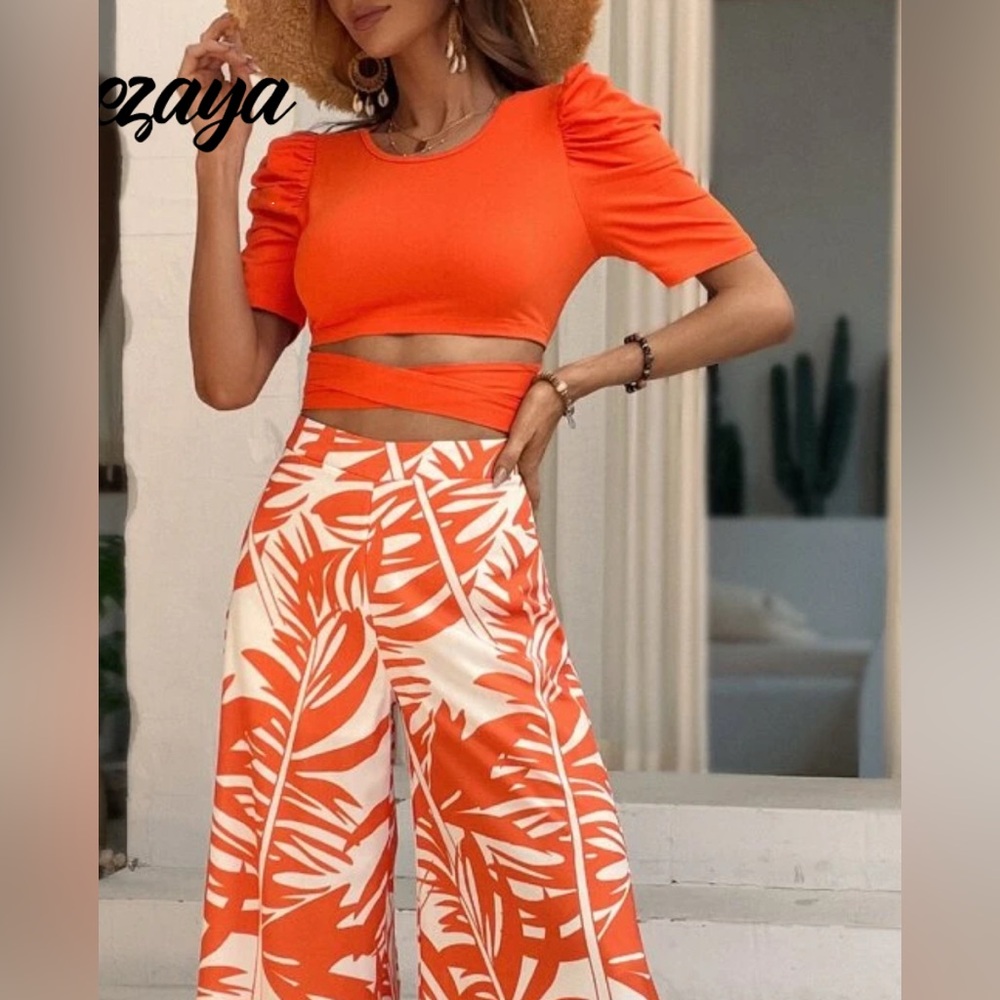 SHEIN Orange and White Wide Leg Pants